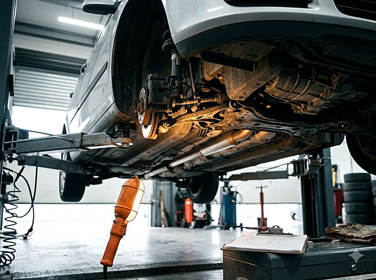 Underside of a car on a lift being inspected before an NCT